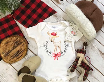 Christmas Onesie®, Laurel Deer, Christmas Shirt, 1st Christmas, My First Christmas, Christmas Outfit, Christmas Deer Shirt, Buffalo Plaid,