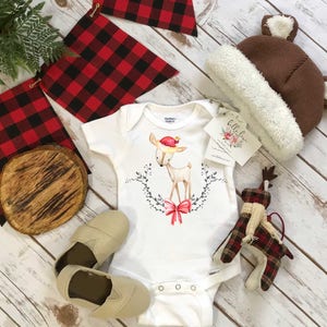 Christmas Onesie®, Laurel Deer, Christmas Shirt, 1st Christmas, My First Christmas, Christmas Outfit, Christmas Deer Shirt, Buffalo Plaid, image 1