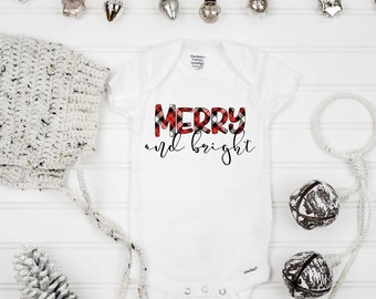 Christmas Onesie®, Merry and Bright, 1st Christmas, First Christmas, My First Christmas, Personalized Baby Gift, Holiday Shirts, Plaid