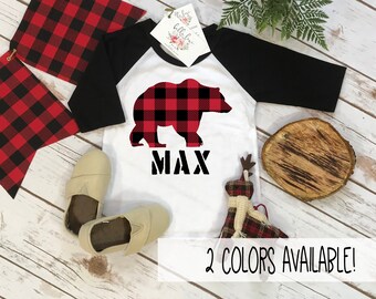 Personalized Boy Shirt, Lumberjack Shirt, Buffalo Plaid Bear, Custom Name Shirt, Lumberjack Party, Woodland Party,Baby Shower Gift,RED PLAID
