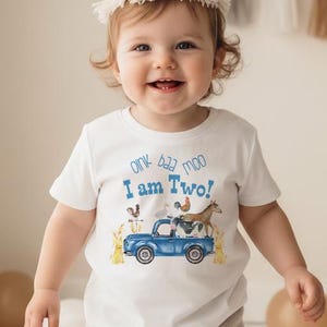 Second Birthday, Oink Baa Moo, Farm Birthday, Oink Moo Turning Two, 2nd Birthday, Blue Truck Party, Farm Party Theme, Boy Birthday SHIRT