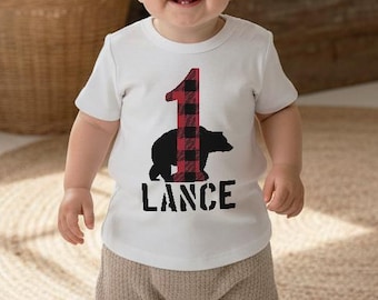 Personalized Lumberjack Bear First Birthday Shirt, Buffalo Plaid Baby Boy Outfit