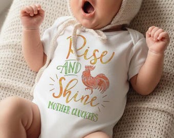 Funny Farm Baby Shower Gift, Country Baby Reveal, Rise and Shine Rooster Bodysuit, Cute Unisex Boy or Girl Present
