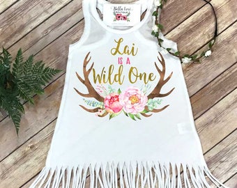 First Birthday, Wild One, Girl Birthday Dress, Personalized Birthday, 1st Birthday,Fringe Birthday Dress, Floral Deer Birthday,Girl Birthday