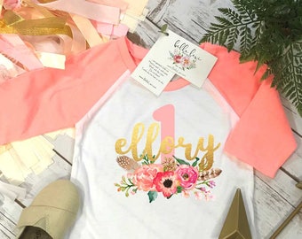 First Birthday Shirt, Floral Wreath One, Baby Birthday shirt, Custom Birthday, Personalized Birthday, Birthday girl, Boho Birthday, Peach