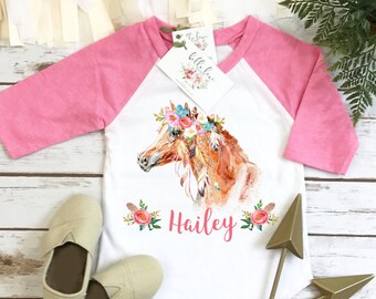 Horse Birthday, Personalized Baby Gift, Custom Baby Gift, Boho Horse RAGLAN, Niece Gift, Cute Girl Clothes, Cute Girl Gifts, Pony Party Set