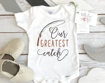 Fishing ONESIE®, Our greatest catch, Pregnancy Reveal, Fishing Baby shirt, Baby Announcement, Fishing Daddy shirt, Take Home Outfit, Newborn