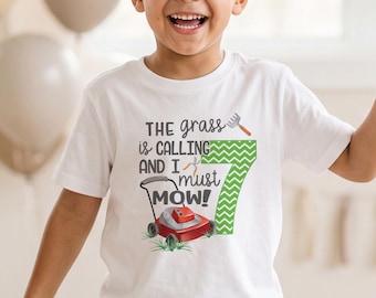 Lawnmower 7th Birthday Shirt, Mowing on Up Boy Outfit, Farm Party Tee, Grass Is Calling Birthday Gift