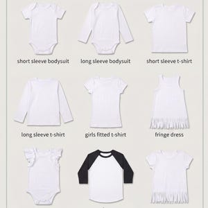 a variety of children's clothing options, including short sleeve bodysuits, long sleeve bodysuits, short sleeve t-shirts, long sleeve t-shirts, girls' fitted t-shirts, fringe dresses, and ruffle sleeve bodysuits.