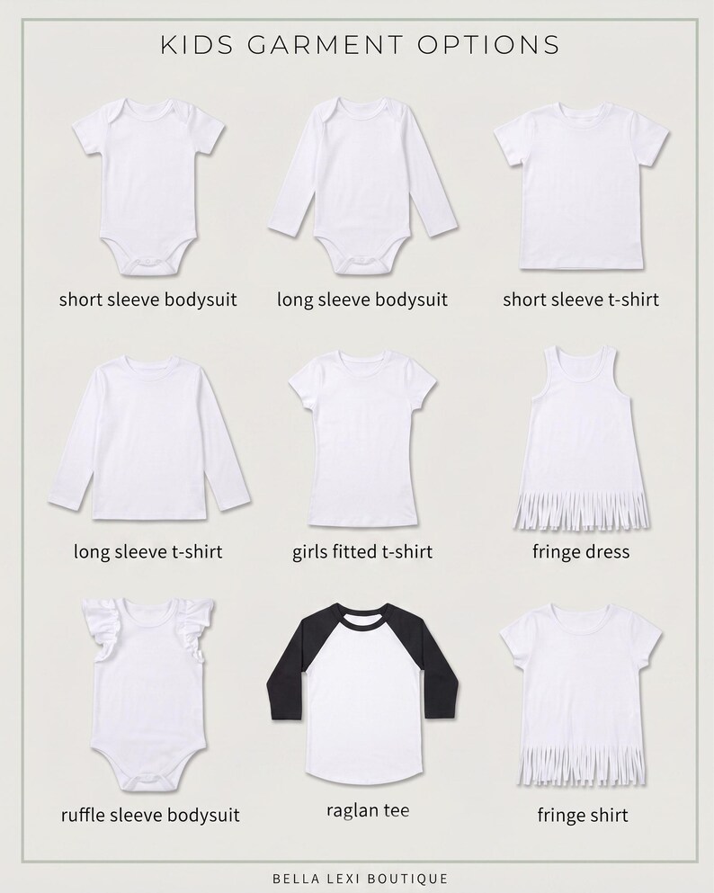 a variety of children's clothing options, including short sleeve bodysuits, long sleeve bodysuits, short sleeve t-shirts, long sleeve t-shirts, girls' fitted t-shirts, fringe dresses, and ruffle sleeve bodysuits.
