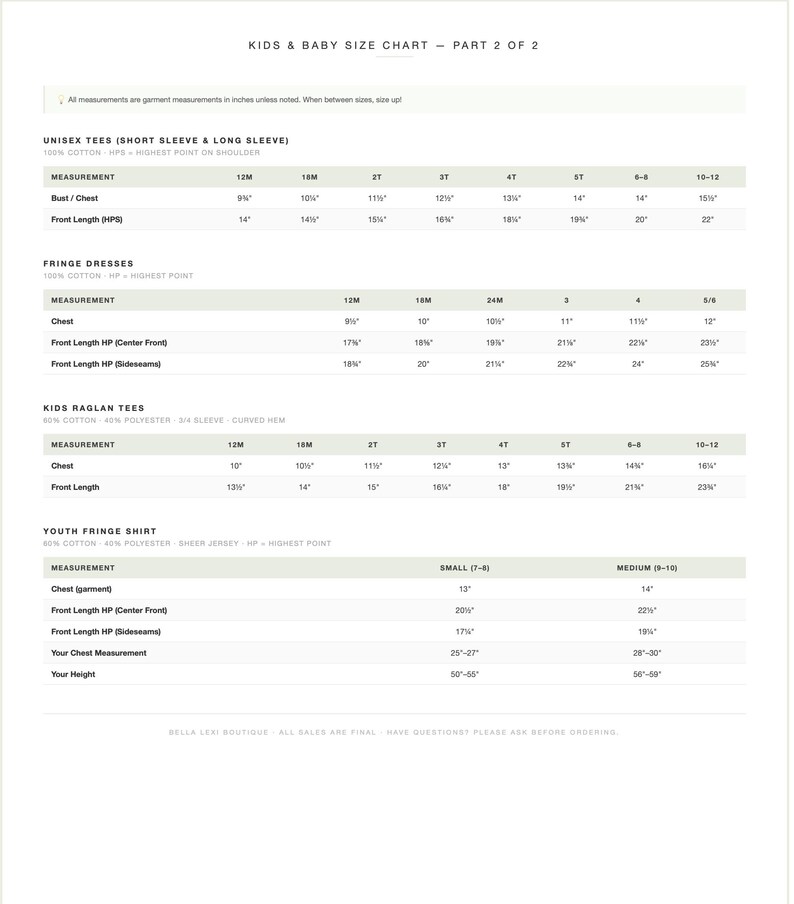 The image is a children's size chart, specifically part 2 of 2, featuring various sizes of children's clothing such as short sleeves, long sleeves, and fringe dresses.