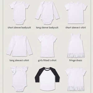 a variety of children's clothing options, including short sleeve bodysuits, long sleeve bodysuits, short sleeve t-shirts, long sleeve t-shirts, girls' fitted t-shirts, fringe dresses, and ruffle sleeve bodysuits.