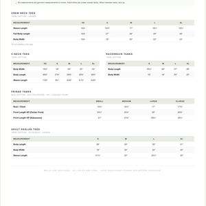 a chart with measurements and sizes for adult-sized clothing items, including crew neck tees, racerback tanks, and bollard tees. The chart provides specific measurements for different sizes, such as XS, XS/5, and XS/8, as well as the corresponding body widths and sleeve lengths. The chart also includes a note that all measurements are garment measurements in inches, and adult shirts are always except for tanks.