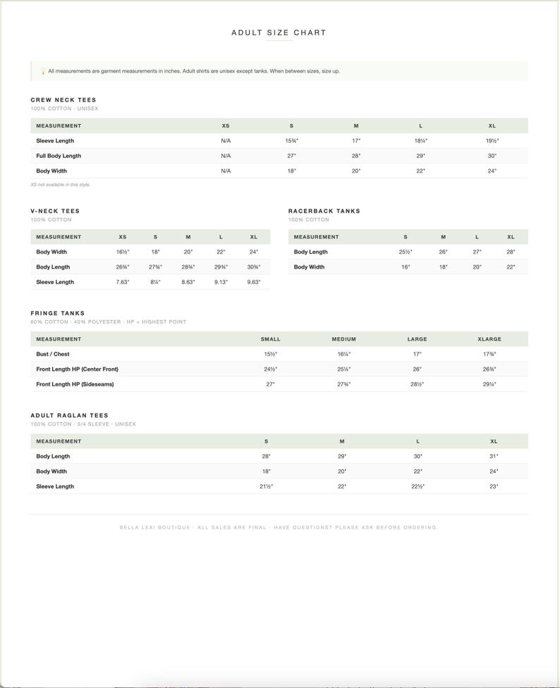 a chart with measurements and sizes for adult-sized clothing items, including crew neck tees, racerback tanks, and bollard tees. The chart provides specific measurements for different sizes, such as XS, XS/5, and XS/8, as well as the corresponding body widths and sleeve lengths. The chart also includes a note that all measurements are garment measurements in inches, and adult shirts are always except for tanks.