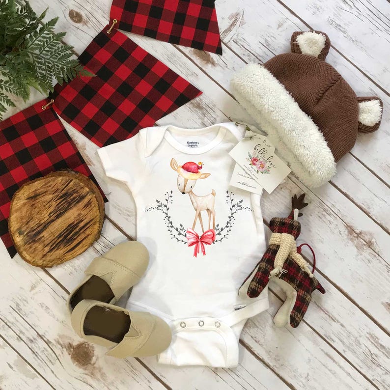 Christmas Onesie®, Laurel Deer, Christmas Shirt, 1st Christmas, My First Christmas, Christmas Outfit, Christmas Deer Shirt, Buffalo Plaid, image 1