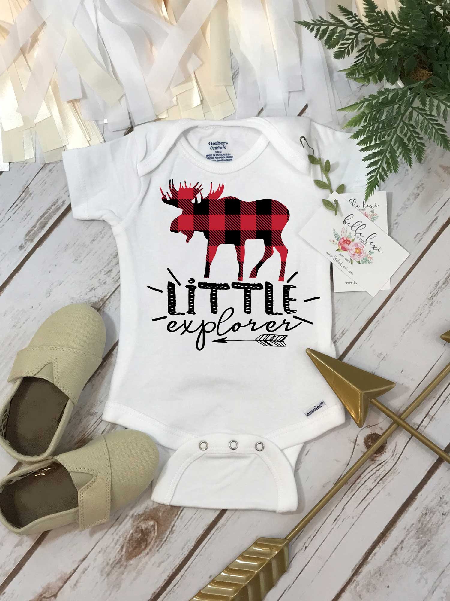 Buffalo Plaid Onesie Little Explorer Moose Shirt Plaid Moose
