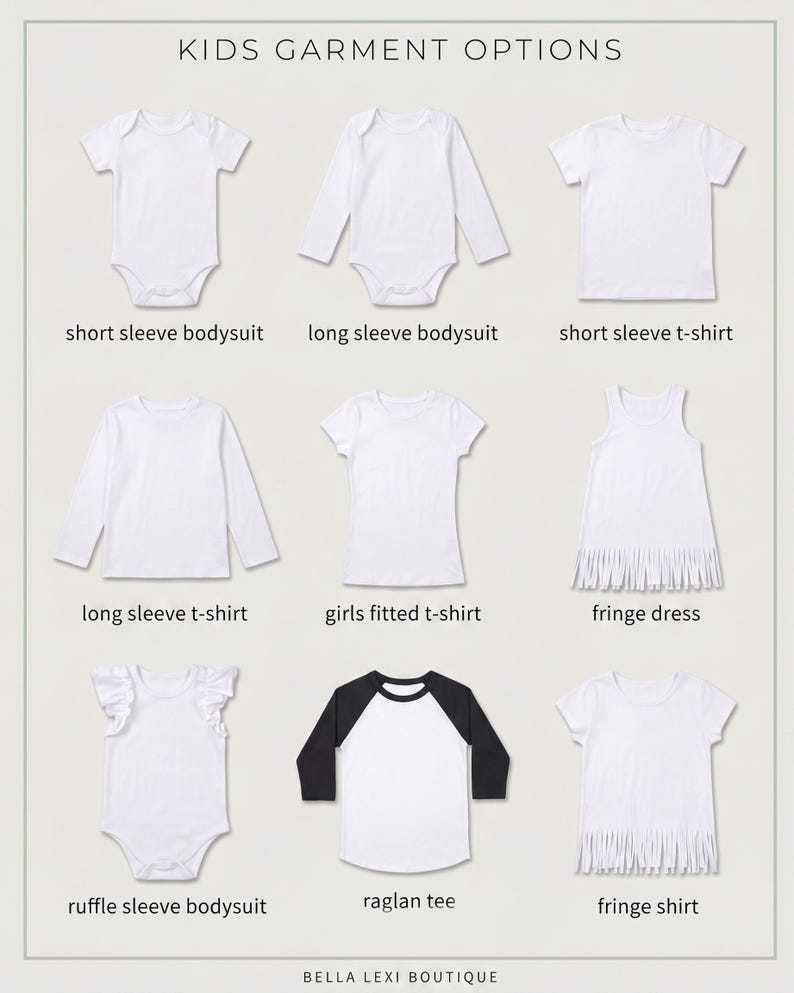 a variety of children's clothing options, including short sleeve bodysuits, long sleeve bodysuits, short sleeve t-shirts, long sleeve t-shirts, girls' fitted t-shirts, fringe dresses, and ruffle sleeve bodysuits.