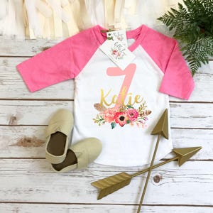 Maglietta per il settimo compleanno, Maglietta per il settimo compleanno, Maglietta per il compleanno del bambino, Compleanno personalizzato, Compleanno personalizzato, Bambina del compleanno, Compleanno boho, Rosa immagine 1