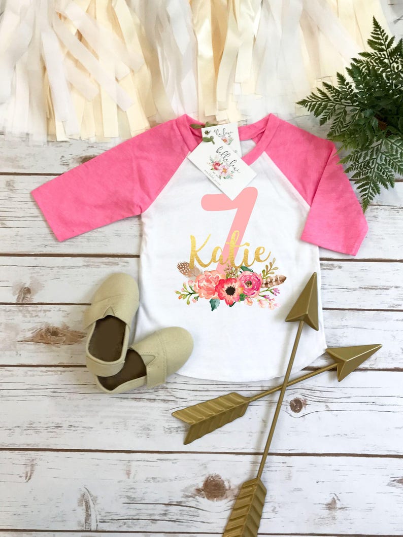 Maglietta per il settimo compleanno, Maglietta per il settimo compleanno, Maglietta per il compleanno del bambino, Compleanno personalizzato, Compleanno personalizzato, Bambina del compleanno, Compleanno boho, Rosa immagine 1