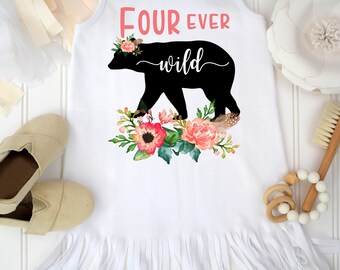 Fourth Birthday, Four Ever Wild, Girl Birthday Dress, 4th Birthday, Fringe Birthday Dress, Boho Birthday, Girl Birthday Shirt, For Ever Wild