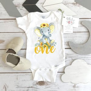 First Birthday Onesie®, Elephant Theme, Birthday Shirt, 1st Birthday, Girl Birthday, Birthday Onesie®, Elephant Party, Sunflower Party, Boho image 1