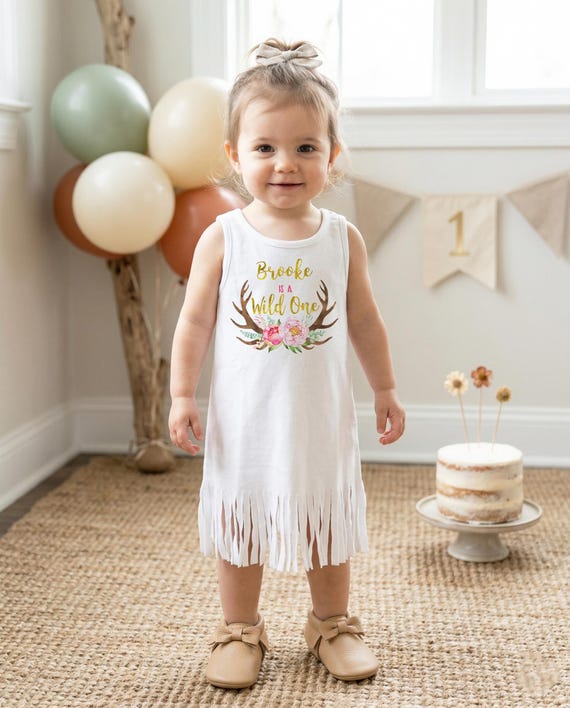 wild one birthday dress First Birthday, One, Girl Dress, Personalized Birthday, 1st Birthday,Fringe Birthday Dress, Floral Deer Birthday,Girl Birthday Size:S (US 4) and a matching safari pattern_Lace Up Back Black Long Sleeve Backless