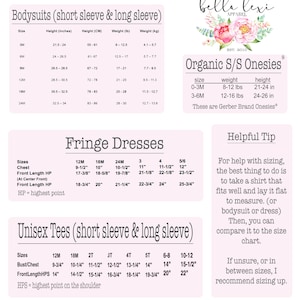 Op de afbeelding: Een roze en witte maattabel voor kinderkleding, met een afbeelding van roze bloemen. De tabel bevat maten voor rompers, franjekleedjes en unisex t-shirts. De tabel bevat ook een handige tip voor het bepalen van de juiste maat.