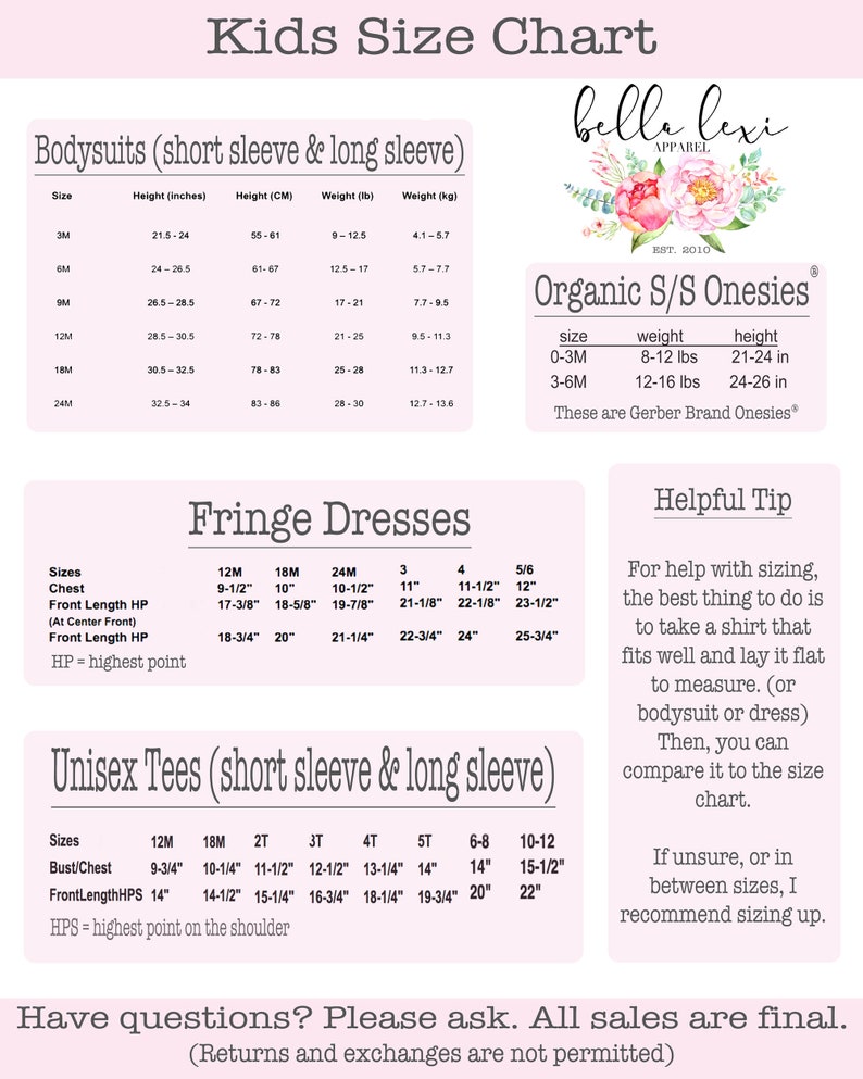 Op de afbeelding: Een roze en witte maattabel voor kinderkleding, met een afbeelding van roze bloemen. De tabel bevat maten voor rompers, franjekleedjes en unisex t-shirts. De tabel bevat ook een handige tip voor het bepalen van de juiste maat.