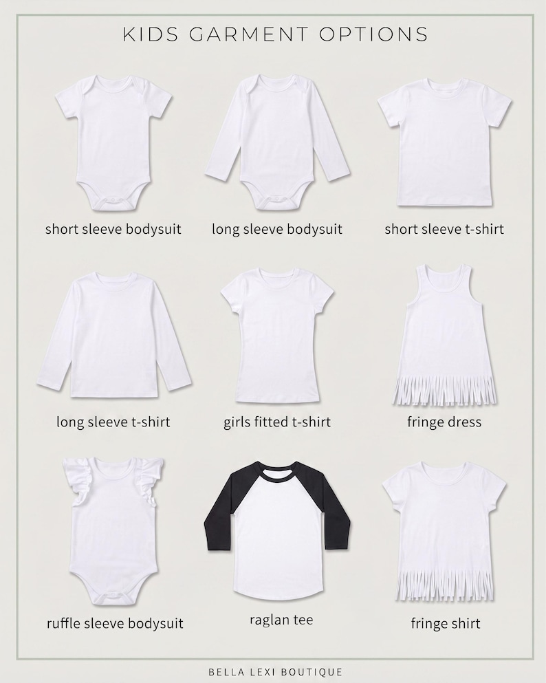 a variety of children's clothing options, including short sleeve bodysuits, long sleeve bodysuits, short sleeve t-shirts, long sleeve t-shirts, girls' fitted t-shirts, fringe dresses, and ruffle sleeve bodysuits.