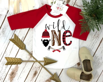 First Birthday Shirt, Lumberjack Birthday, 1st Birthday shirt, Buffalo Plaid Party, Lumberjack Party, RED RAGLAN, Wild Birthday, Plaid Party