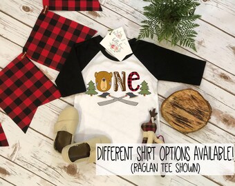 Chemise de premier anniversaire, anniversaire de bûcheron, chemise de 1er anniversaire, fête d’anniversaire d’ours, fête de bûcheron, ensemble de fête woodland, wild one birthday