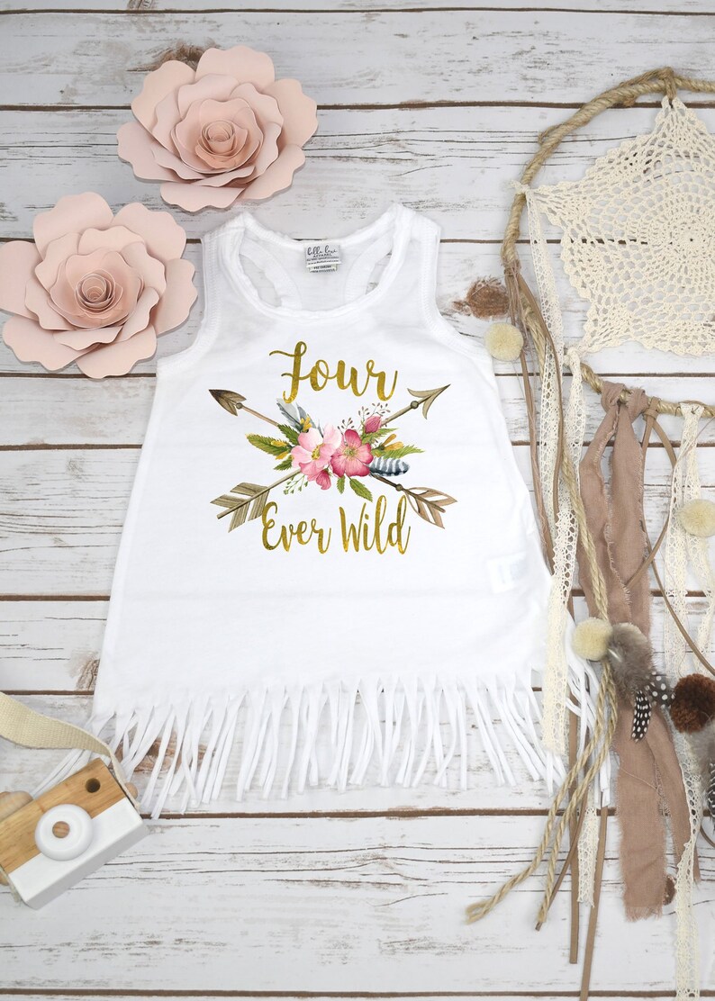 Fourth Birthday, Four Ever Wild, Girl Birthday Dress, 4th Birthday, Fringe Birthday Dress, Boho Birthday, Girl Birthday Shirt, For Ever Wild image 1