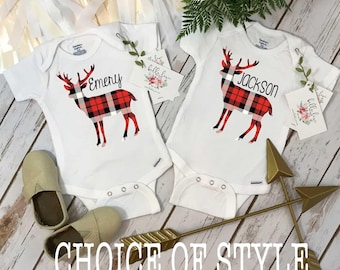 Kersthert, buffelruit, kraamcadeau, gepersonaliseerd babycadeau, shirt met hert, houthakkersfeest, eerste kerst, romper met naam, ruitpatroon