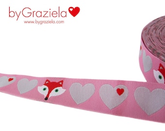 Webband Farbenmix byGraziela Herzen mit Bär und Fuchs rosa grau ab 1m