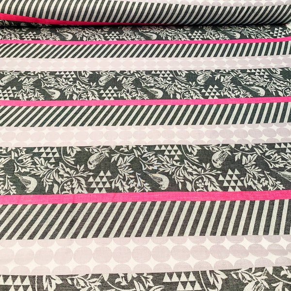 KOKKA Echino Jacquard weaving fabric grey pink bird stripes