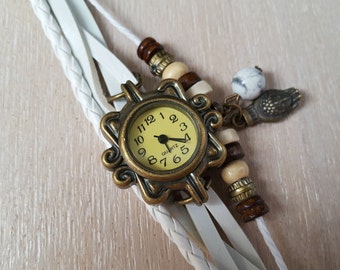 Boho Watch Retro Watch Steampunk Watch White Leather Bracelet Watch with Budha and Natural Stone Boho Jewelry