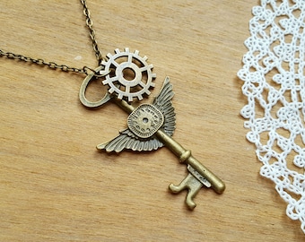 Steampunk Bronze Brass Necklace with Pendant Key Vintage Style