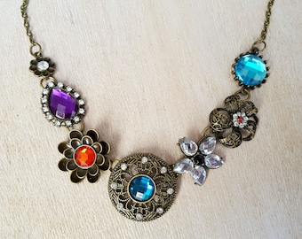 Fashion Multicolour Crystal Flower Necklace Antique style Boho Jewelry