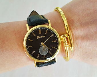 Classic Watch Quartz Watch Leather Watch Luxury Watch Fashion Watch Gold Black Leather Watch Wristwatch with Gift Bracelet