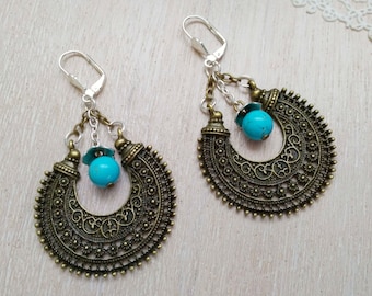 Boho Retro Dangle Tribal Blue Turquoise Crescent Shaped Earrings
