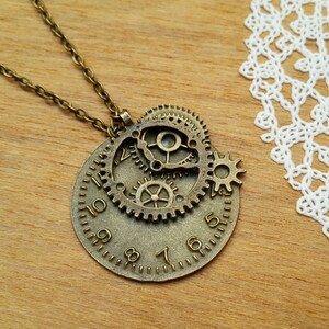 Steampunk Bronze Necklace with Pendant Clock Parts Brass Vintage Style Jewelry