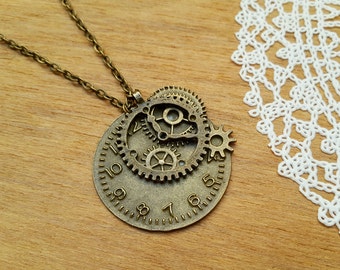 Steampunk Bronze Necklace with Pendant Clock Parts Brass Vintage Style Steampunk Jewelry