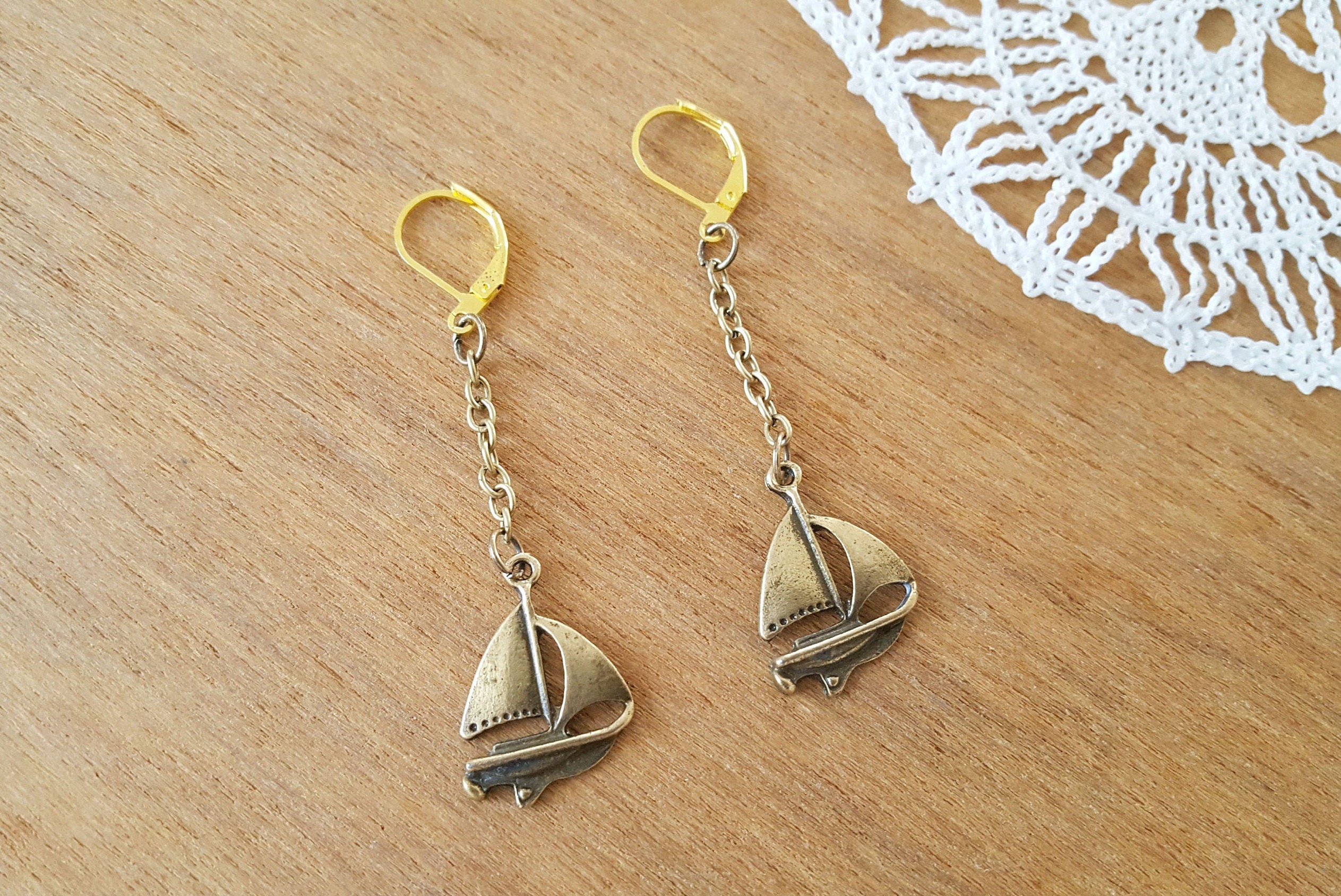 Sailing Ship Earrings Bronze Earrings Brass Ship Earrings Etsy