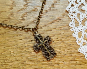 Filigree Bronze Cross Necklace Brass Necklace with Сross Vintage Style
