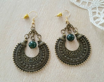 Retro Bronze Onyx Boho Dangle Earrings Green Onyx Crescent Shaped