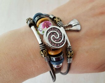 Noosa Button Bracelet for Women Girl's Leather Band with Charm Chunk Button Jewelry