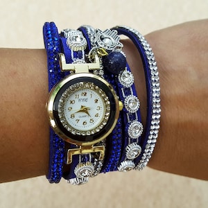 Boho Watch with Bracelet Rhinestone Watch Crystal Watch Long Bracelet Watch Wristwatch Quartz Watch with Bracelet Blue Watch Women Watch