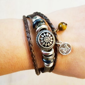 Pulsera tibetana, pulsera de cuero, pulsera de yoga, pulsera bohemia, pulsera hippie, pulsera de moda, pulsera de girasol, piedra natural, elige la letra.