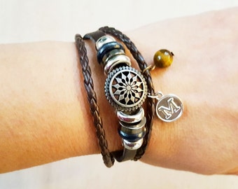 Tibetan Leather Yoga Boho Hippy Fashion Sunflower Bracelet Natural Stone Choose Letter