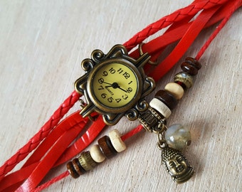 Boho Watch Red Leather Bracelet Watch Retro Watch with Pendants and Green Onyx Boho Jewelry